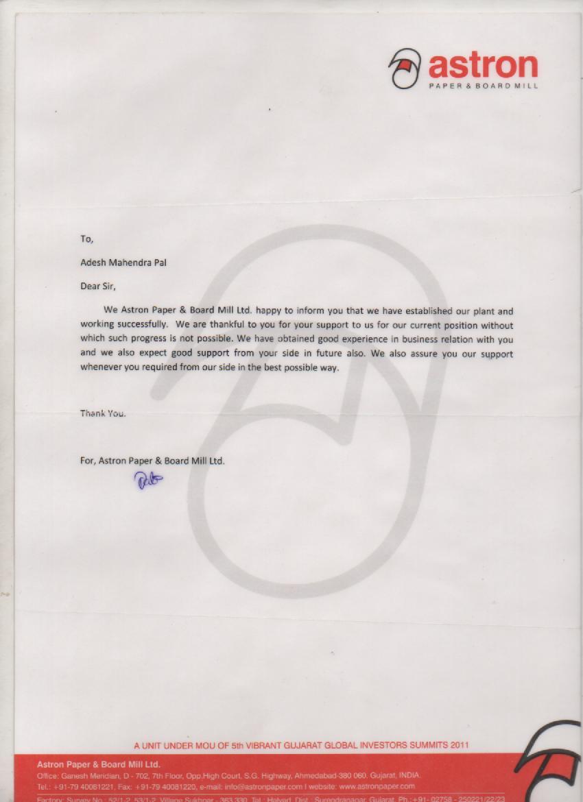 Appreciation Letter from Astron Paper & Board Mill