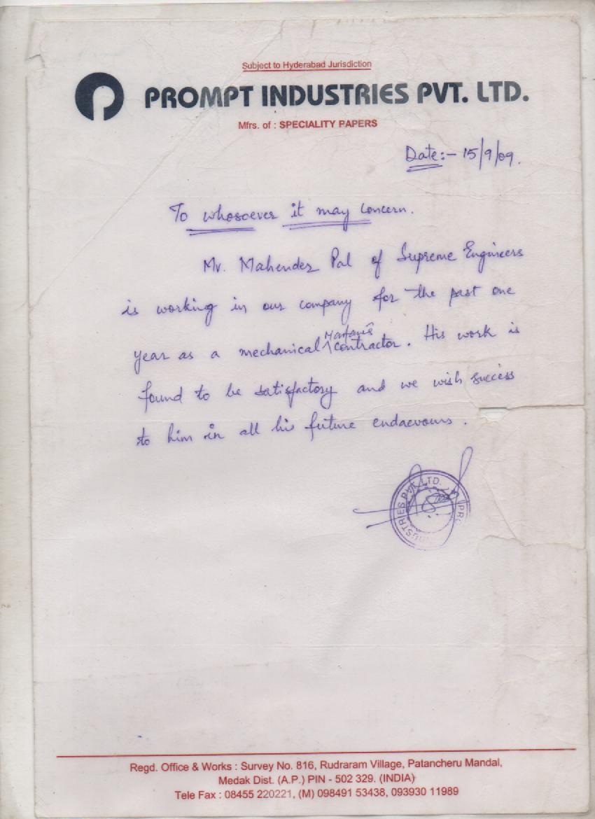 Appreciation Letter from Prompt Industries