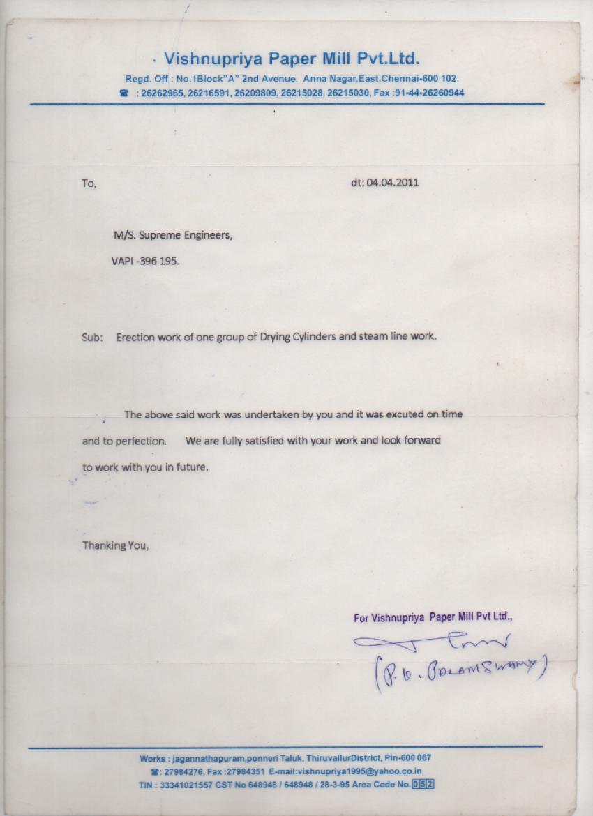 Appreciation Letter from Vishnupriya Paper Mill